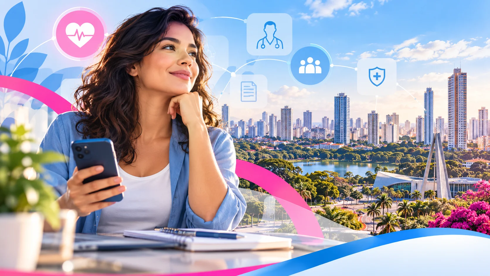 Mulher pesquisando informações de saúde com vista urbana de Goiânia